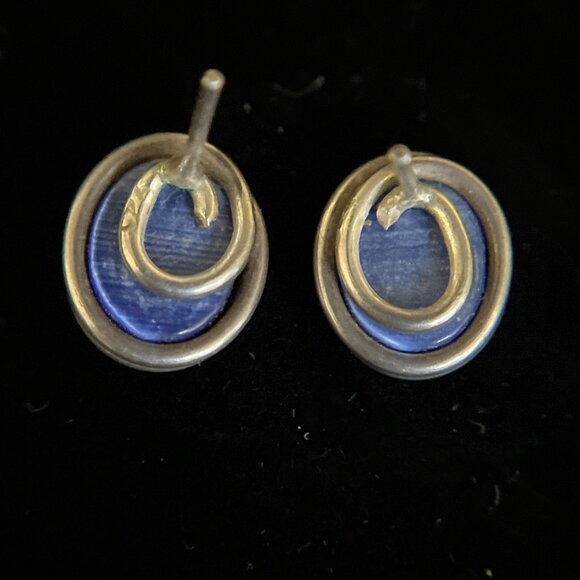 Vintage Modernist Sterling Silver Blue Cat's Eye Stud Earrings Oval Cabochon - Picture 6 of 10